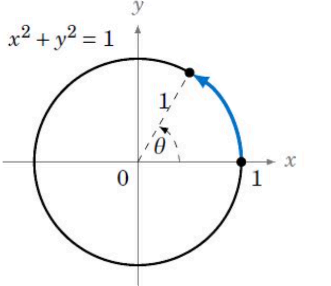 A unit circle on a Cartesian plane with the equation x² + y² = 1, showing an angle θ and a point on the circle